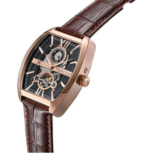 Heritor Mens Watch Rose Gold Brown Leather Semi Skeleton